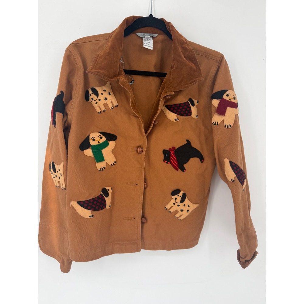 Stonebridge Dog Applique Jacket Women Large Brown Excellent Novelty Cotton